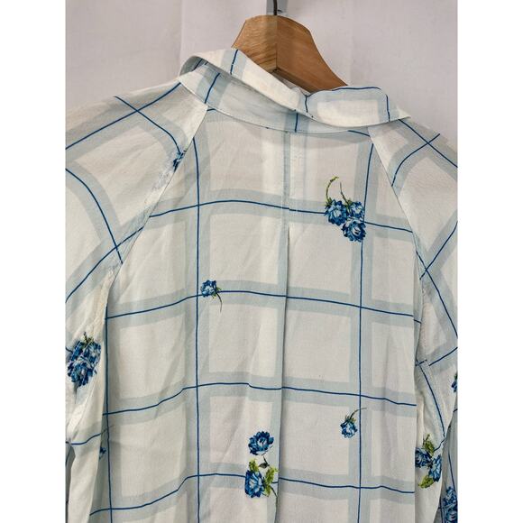 FREE PEOPLE Size S Window To My Heart Button Down Shirt Check Floral White Blue - Picture 5 of 9